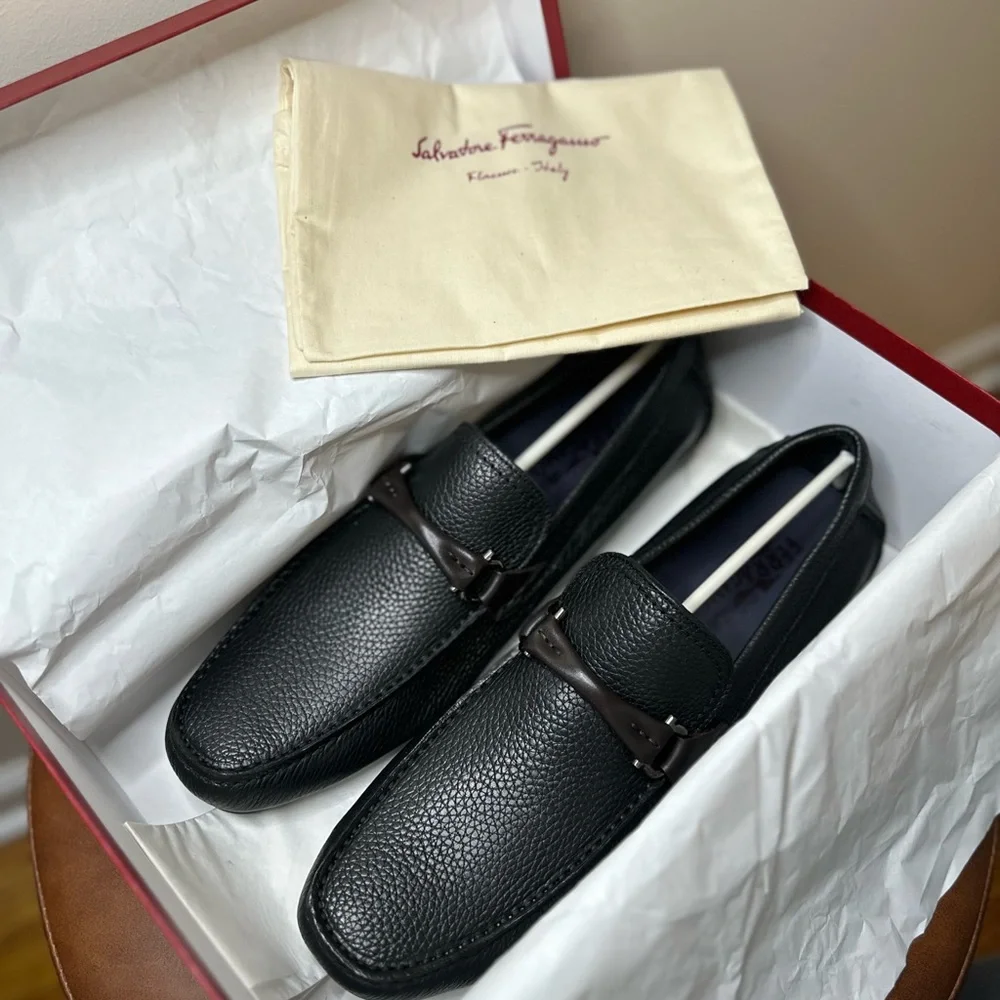Salvatore Ferragamo Black Loafers with Brown Metal Buckle - Picture 9 of 13